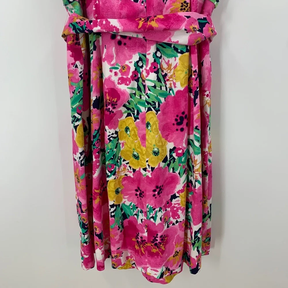 Ann Klein Bright Pink Floral Tie Belt Fit and Flare Dress Retro Style Sz 4